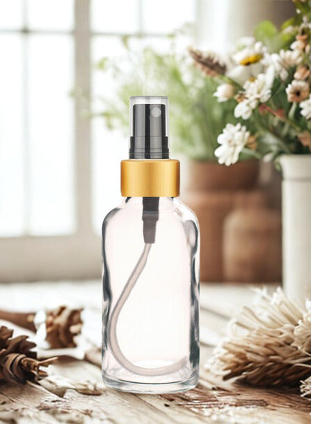 1 oz Clear Glass Bottle w/ Black-Gold Fine Mist Sprayer