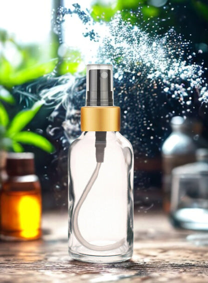 1 oz Clear Glass Bottle w/ Black-Gold Fine Mist Sprayer